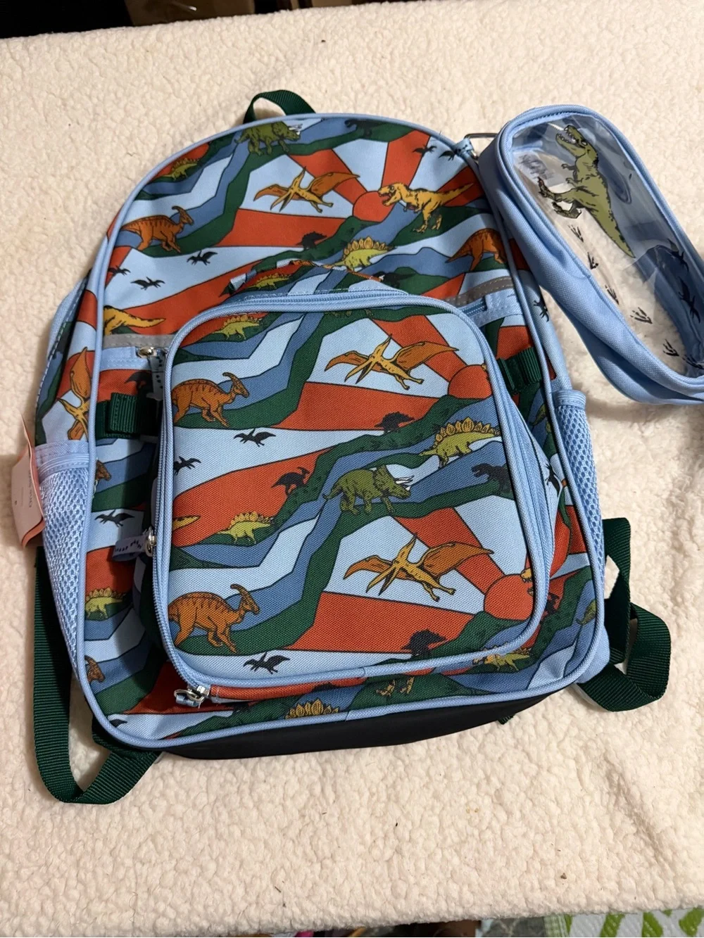Light Blue Kids Backpack and Pencil Case with Colorful Dinosaur Print